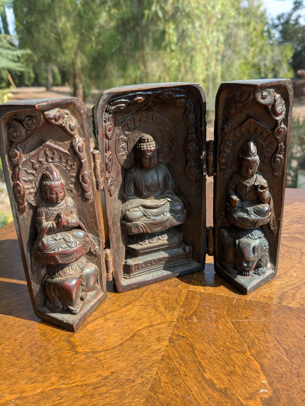 Vintage Hand Carved Wood Folding Shrine Triptych - Shakyamuni Buddha - 6"